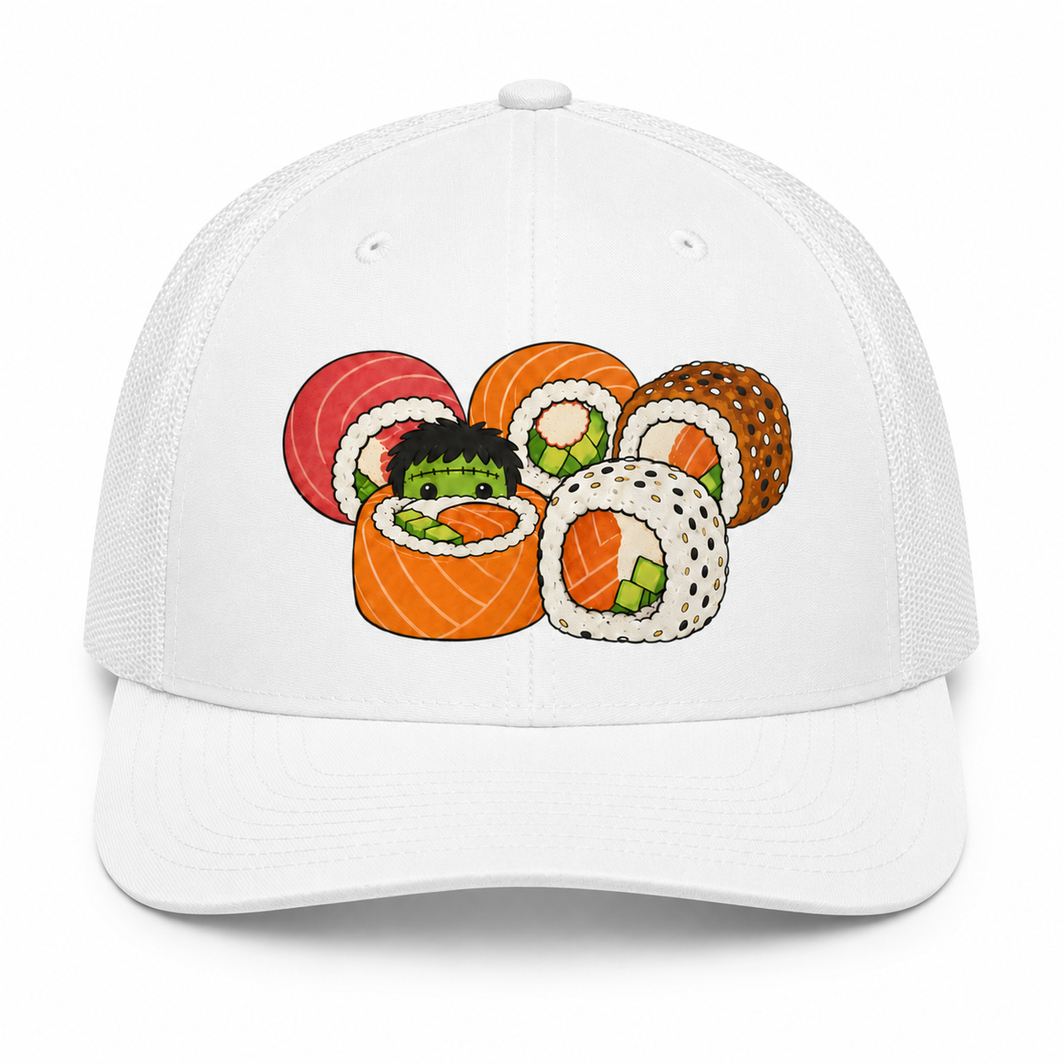 Dr. Sushi-Stein's Monster Trucker Hat - Blue & White front view