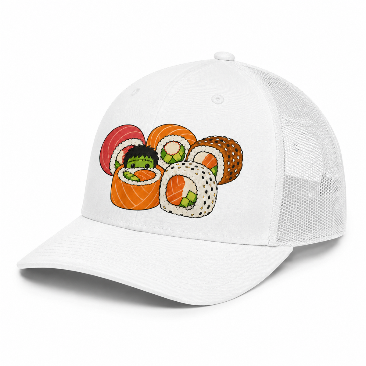 Dr. Sushi-Stein's Monster Trucker Hat - Blue & White side view