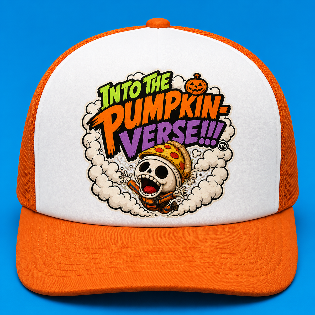 Into The Pumpkin-Verse orange and white trucker hat with comic-style graphic