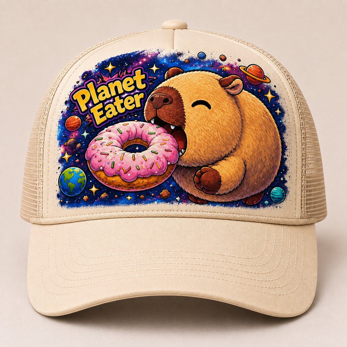 Planet Eater Trucker Hat - Creme/Tan & White - Side Angle