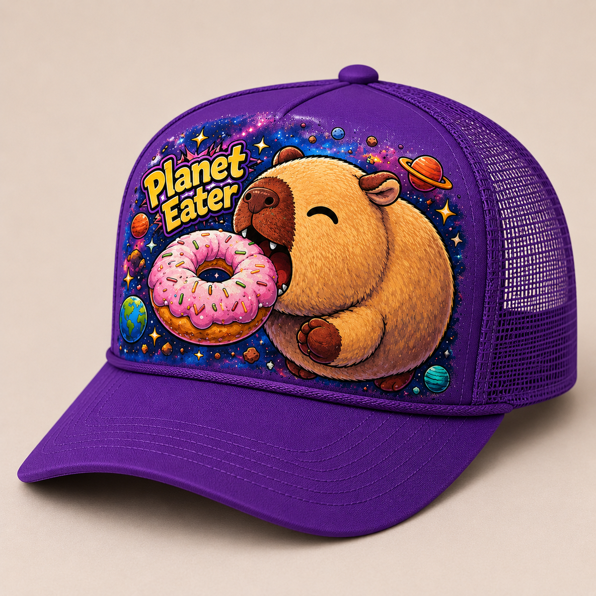 Planet Eater Trucker Hat - Creme/Tan & White - Front