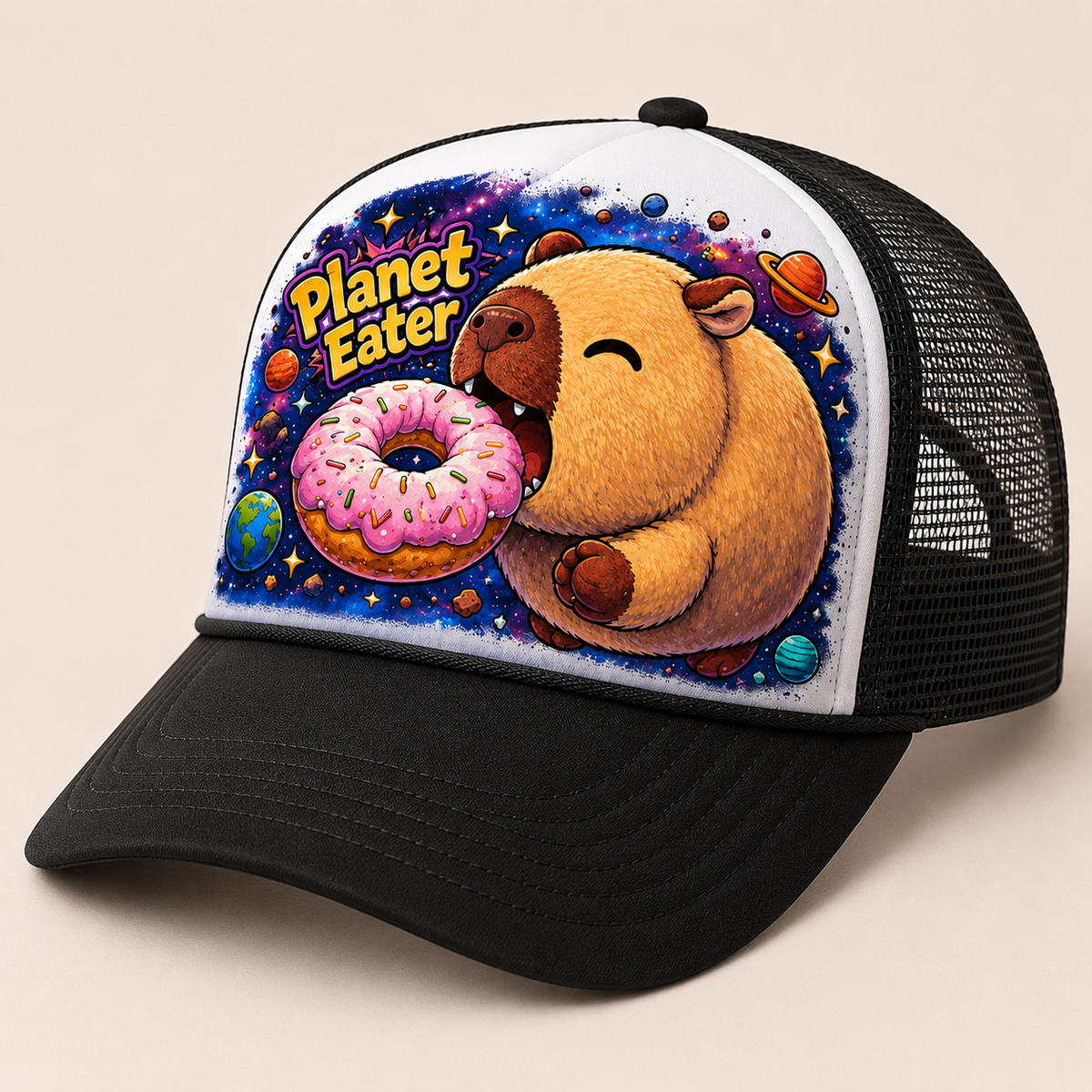 Planet Eater Trucker Hat - Blue & White - Side Angle
