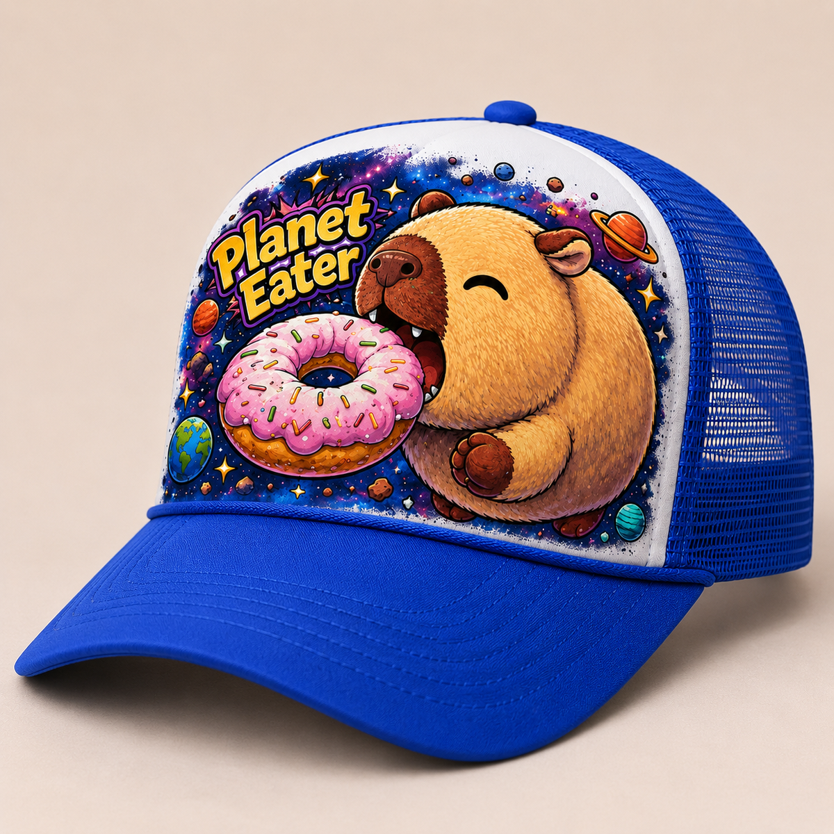 Planet Eater Trucker Hat - All Blue - Side Angle (alt)