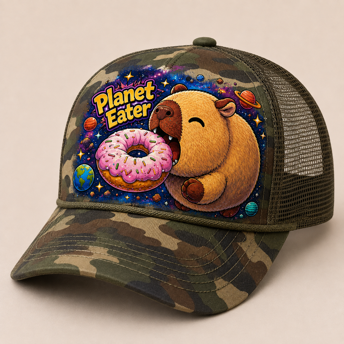Planet Eater Trucker Hat - All Creme/Tan - Side Angle
