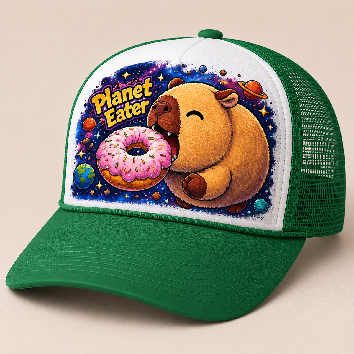 Planet Eater Trucker Hat - Green & White - Side Angle