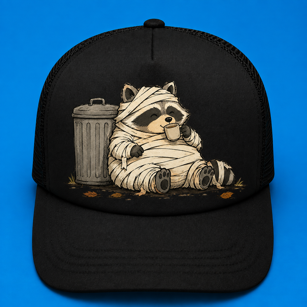 Trash Can Coffee Break Trucker Hat - All Black - Front