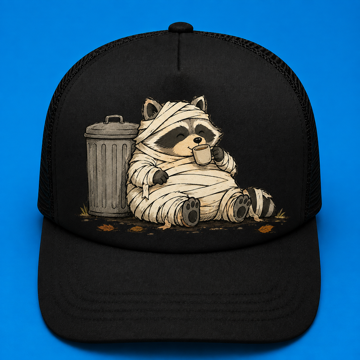 Trash Can Coffee Break Trucker Hat - All Black - Front