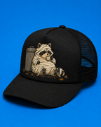Trash Can Coffee Break Trucker Hat - All Black - Side Angle