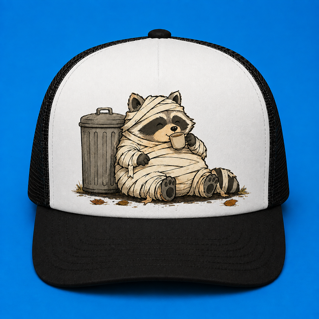 Trash Can Coffee Break Trucker Hat - Black & White - Front