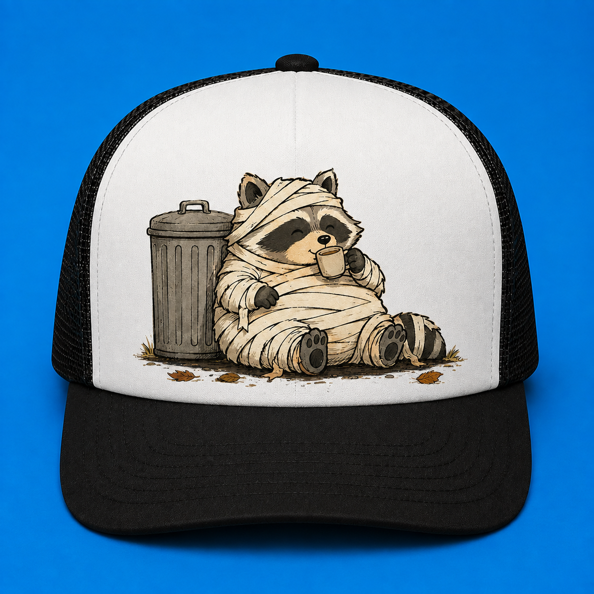 Trash Can Coffee Break Trucker Hat - Black & White - Front