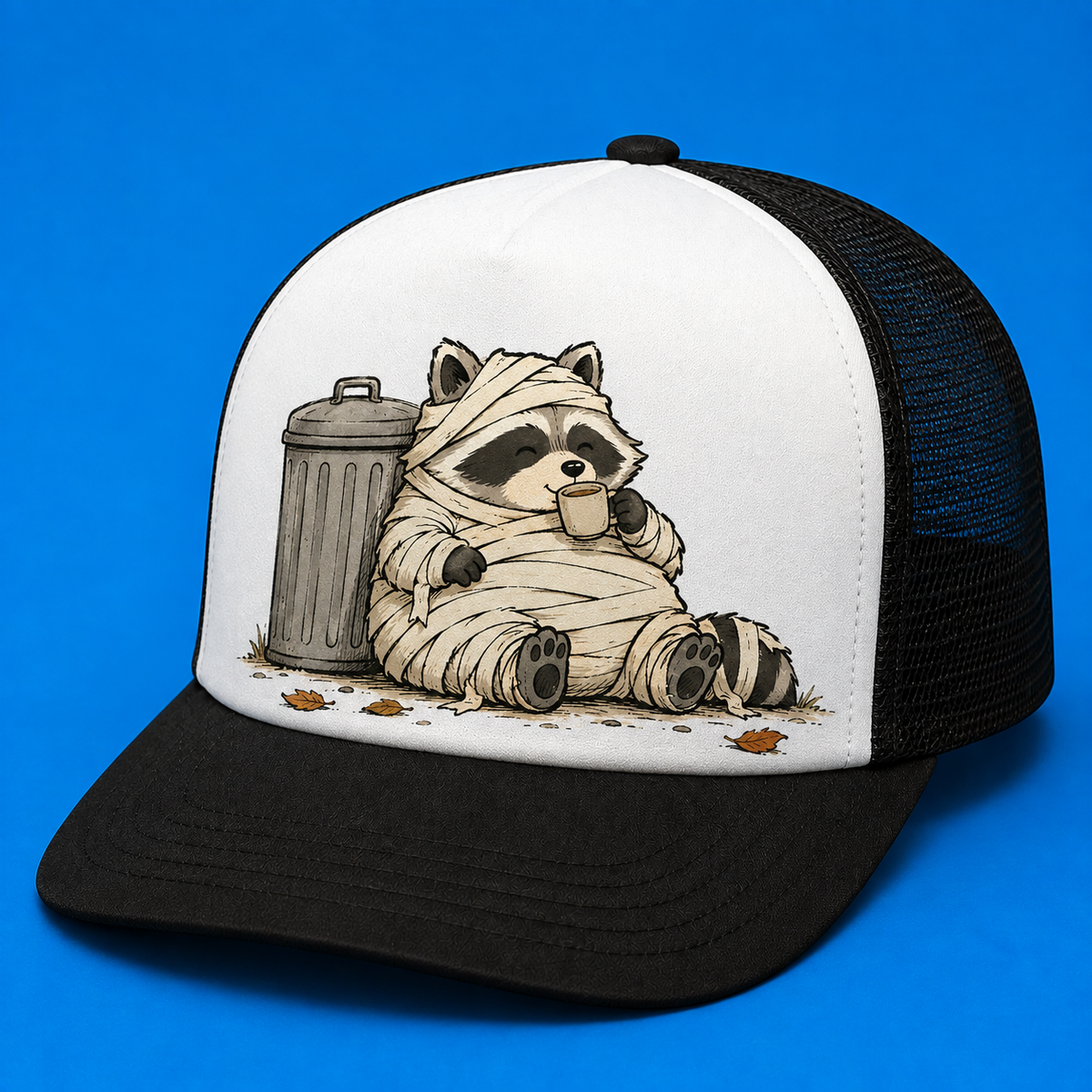 Trash Can Coffee Break Trucker Hat - Black & White - Side Angle