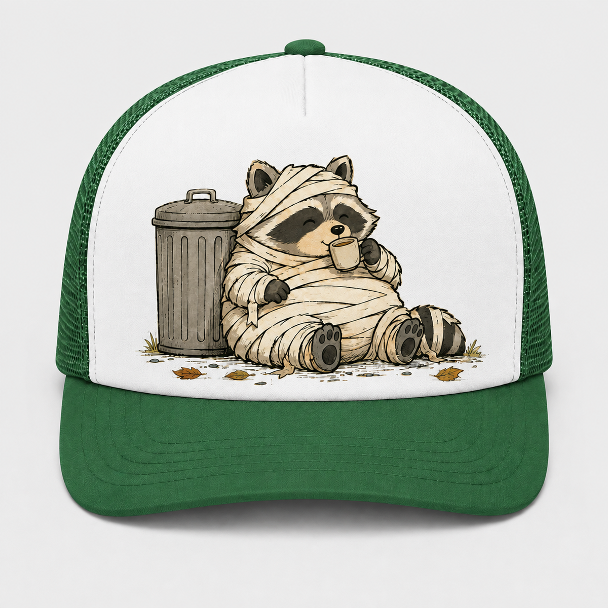 Trash Can Coffee Break Trucker Hat - Green & White - Front