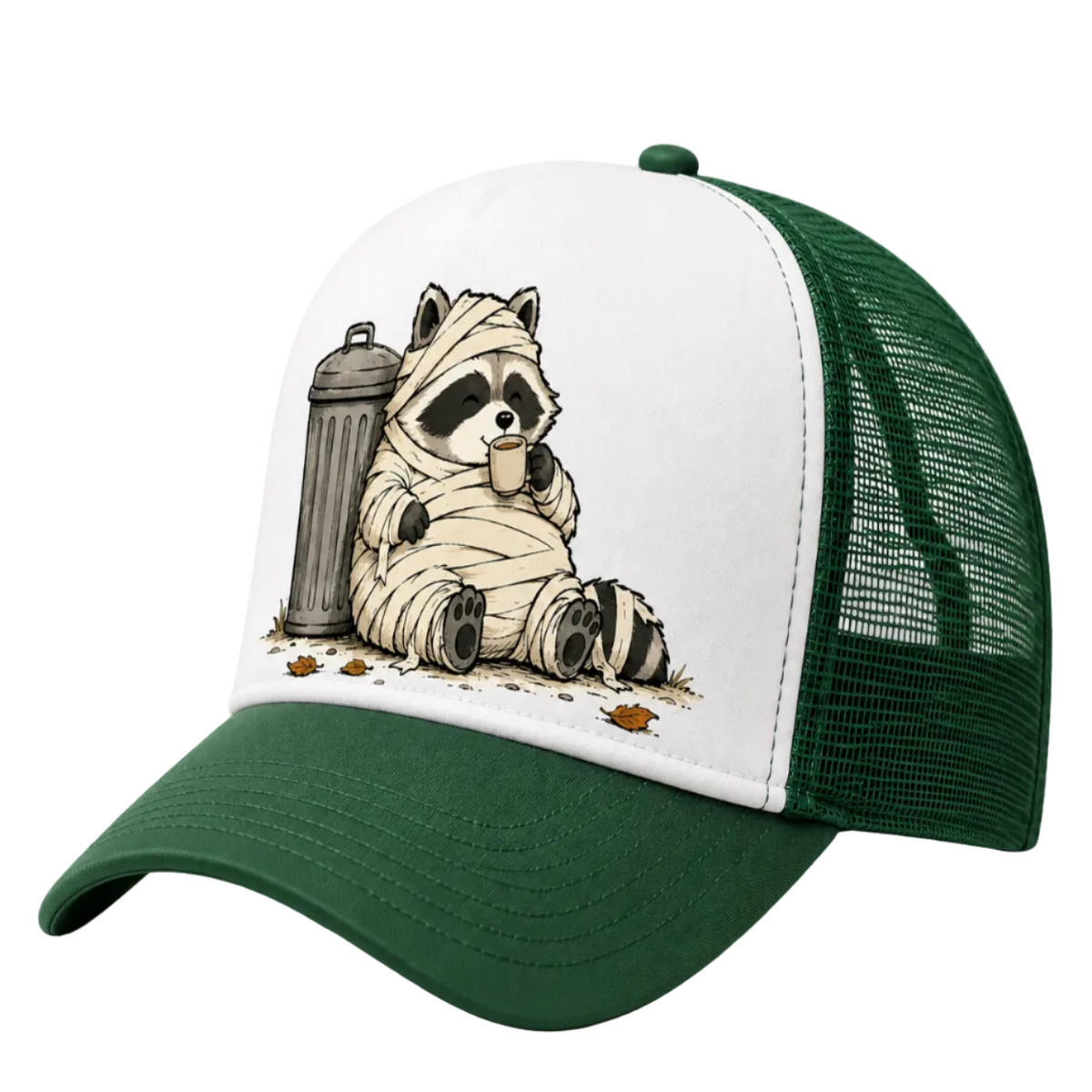 Trash Can Coffee Break Trucker Hat - Green & White - Side Angle